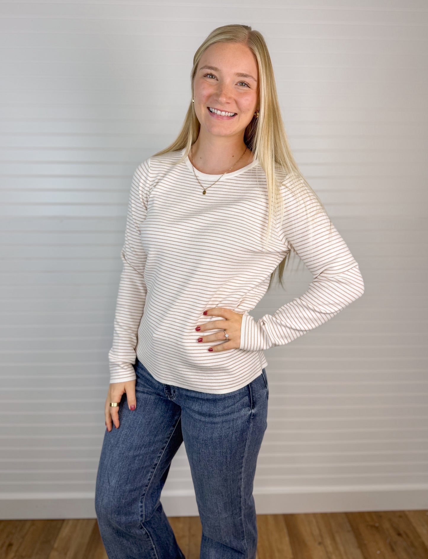 Pinstriped Sweater Long Sleeve - Taupe/Ivory