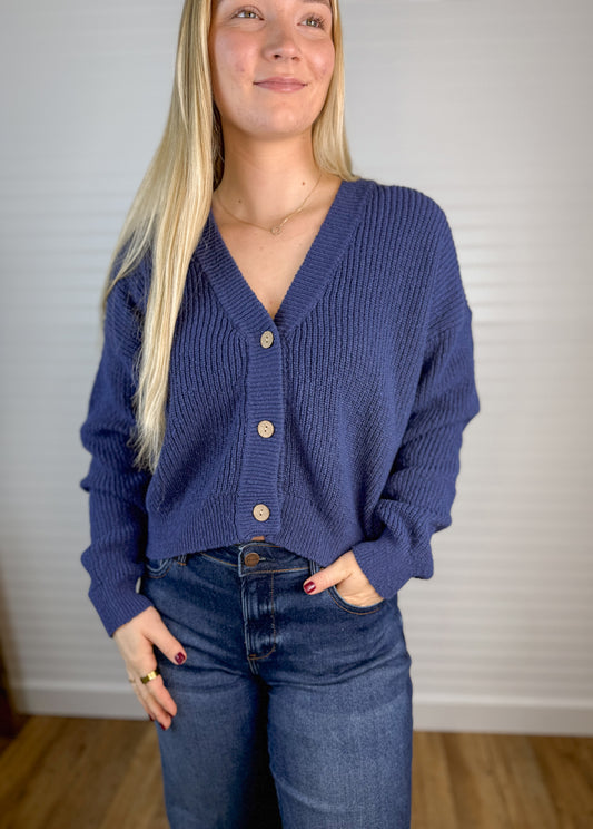 Knit Cotton Button Down Cardigan - Navy