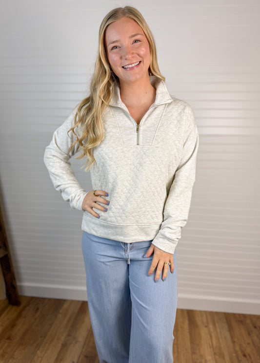 Quilted Half Zip French Terry Pullover - Heather Gray