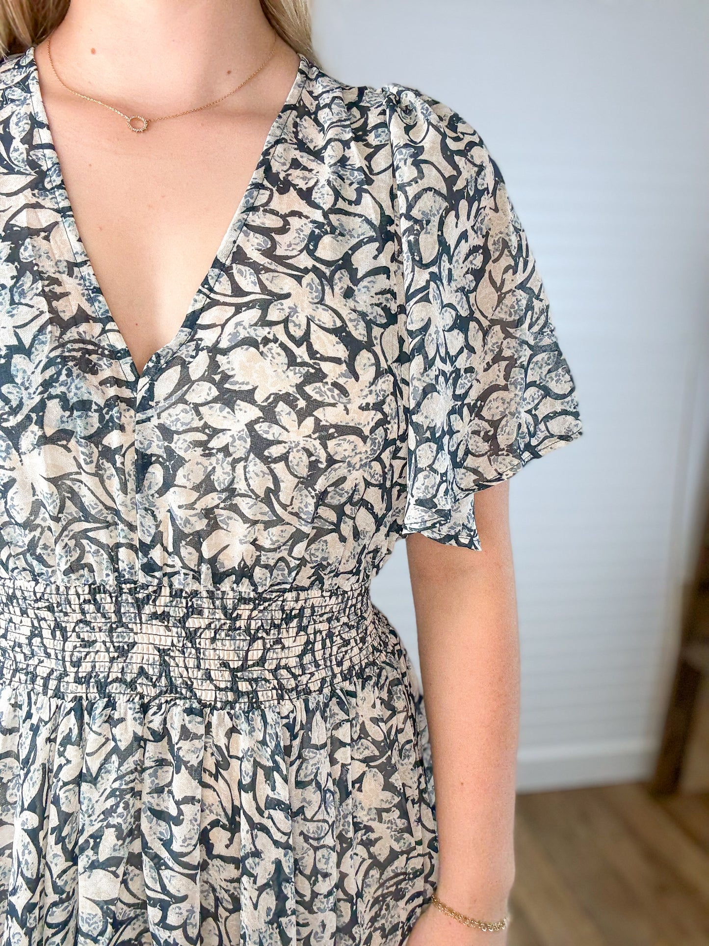 Floral Chiffon Smocked Midi Dress - Teal/Taupe