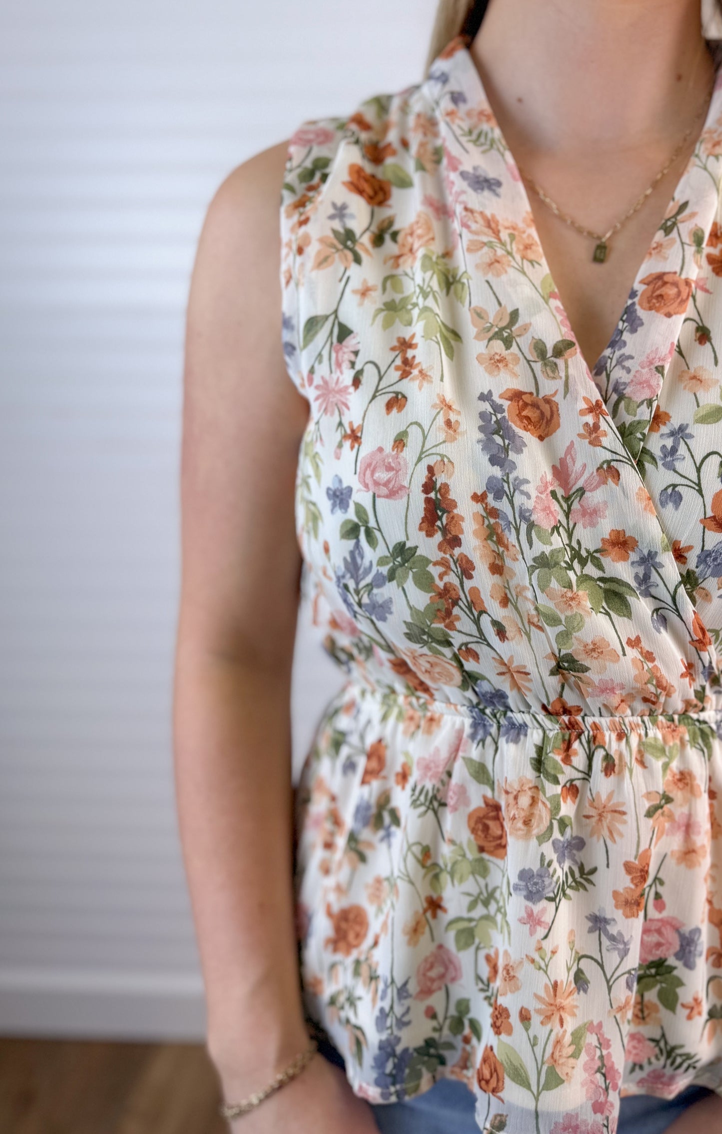 V-Neck Surplice Peplum Top - Ivory/Multi