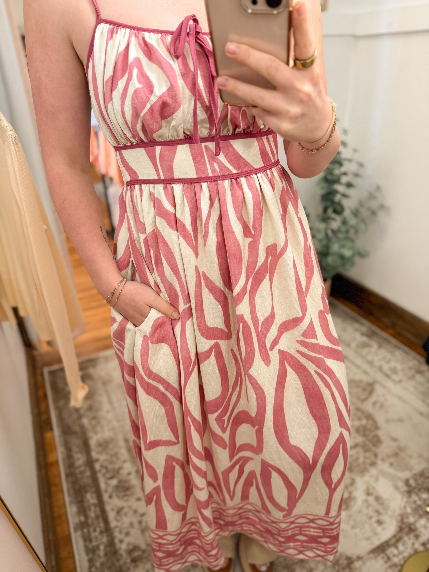 Resort Border Printed Midi Dress - Pink