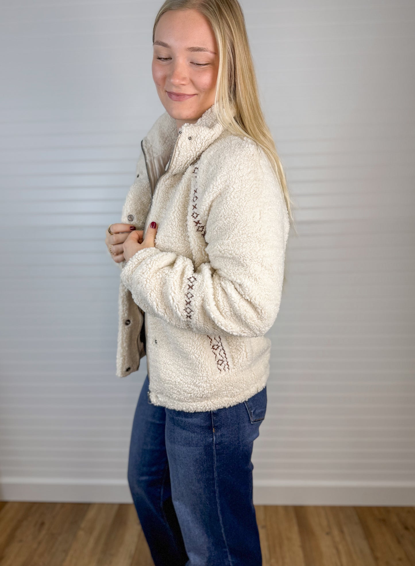 Embroidery Detail Fleece Jacket - Oatmeal