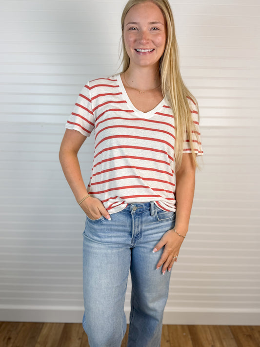Cotton Linen Blend Striped Tee - Cranberry