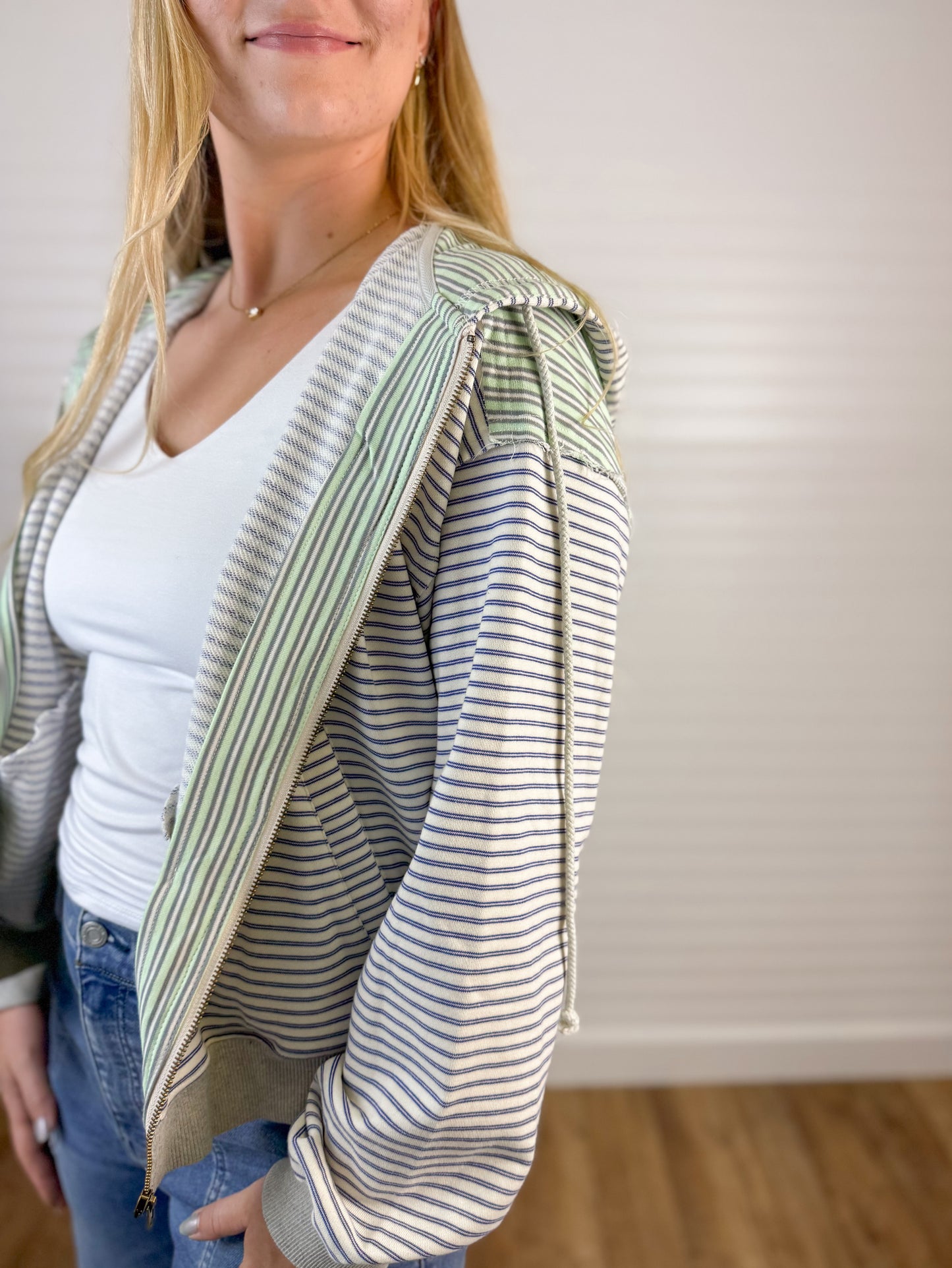 Striped Color Block Zip Hoodie - Blue/Green