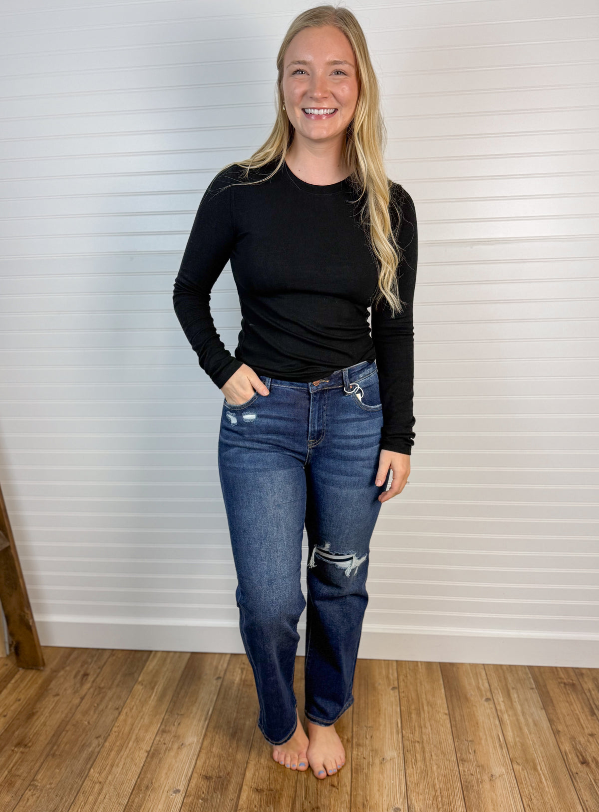 High Rise Crop Slim Straight Denim - Dark Wash
