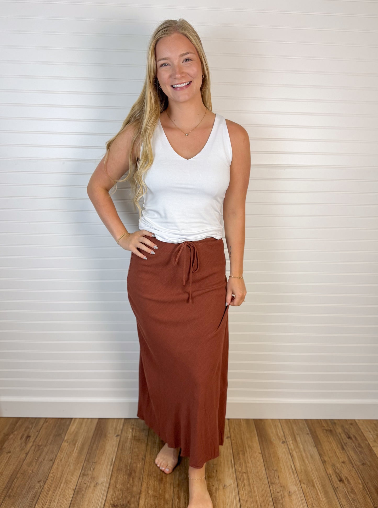 Drawstring Waist Maxi Skirt - Brick