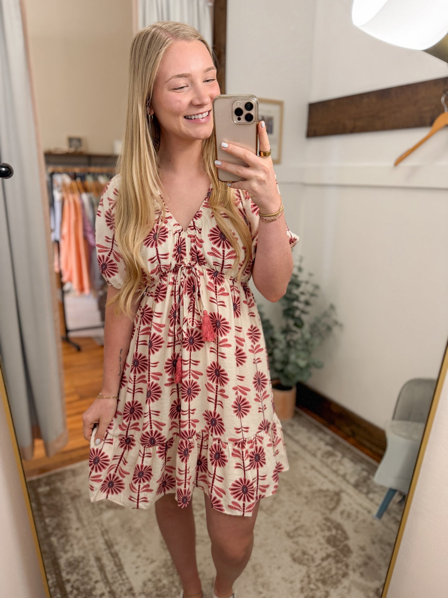 Floral V-Neck Puff Sleeve Dress - Rose