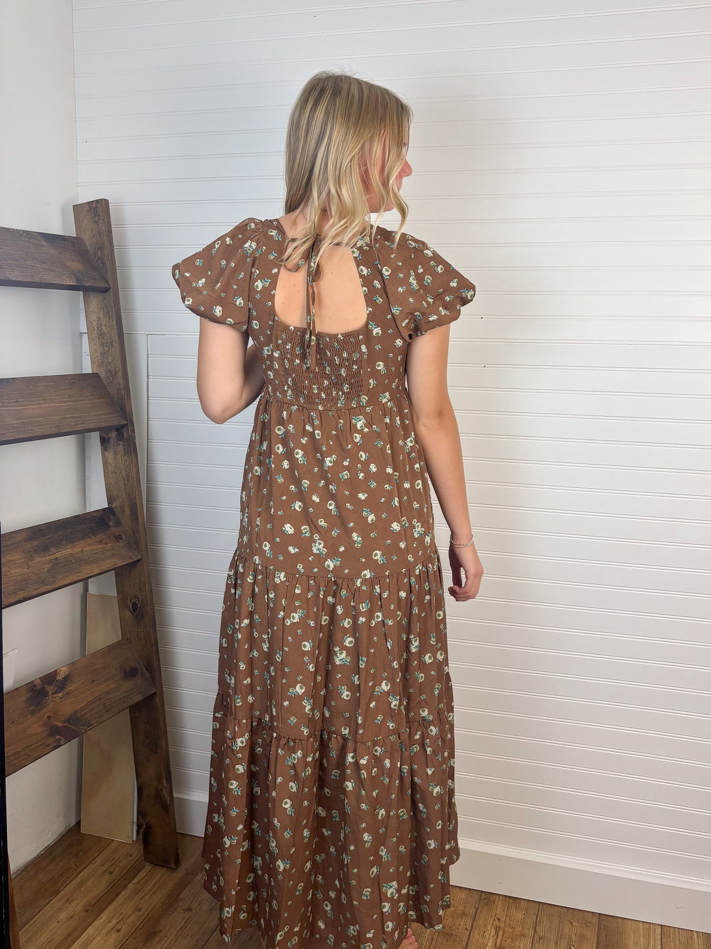 Floral Puff Sleeve Midi Dress - Brown