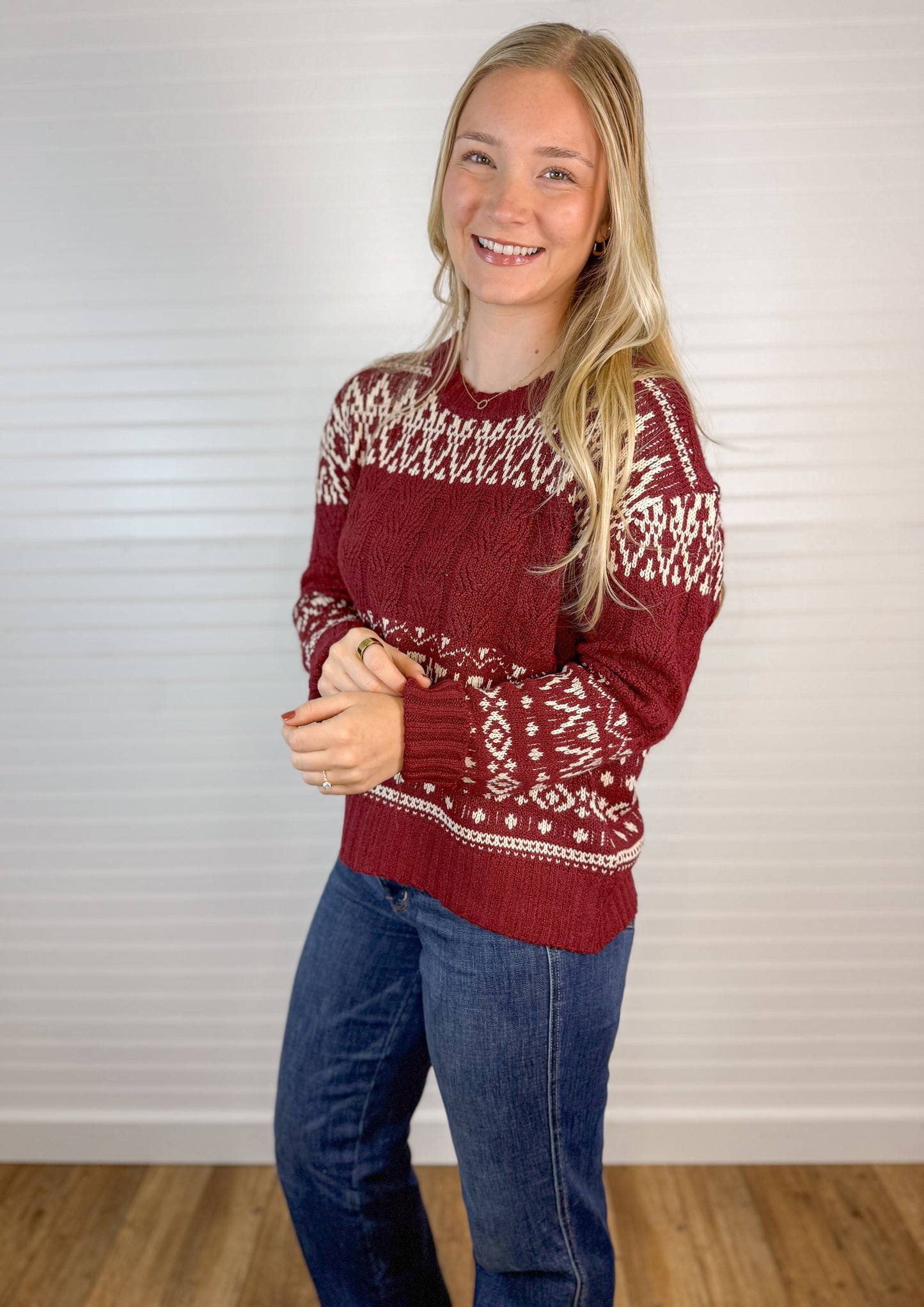Fair Isle Cable Knit Sweater - Wine