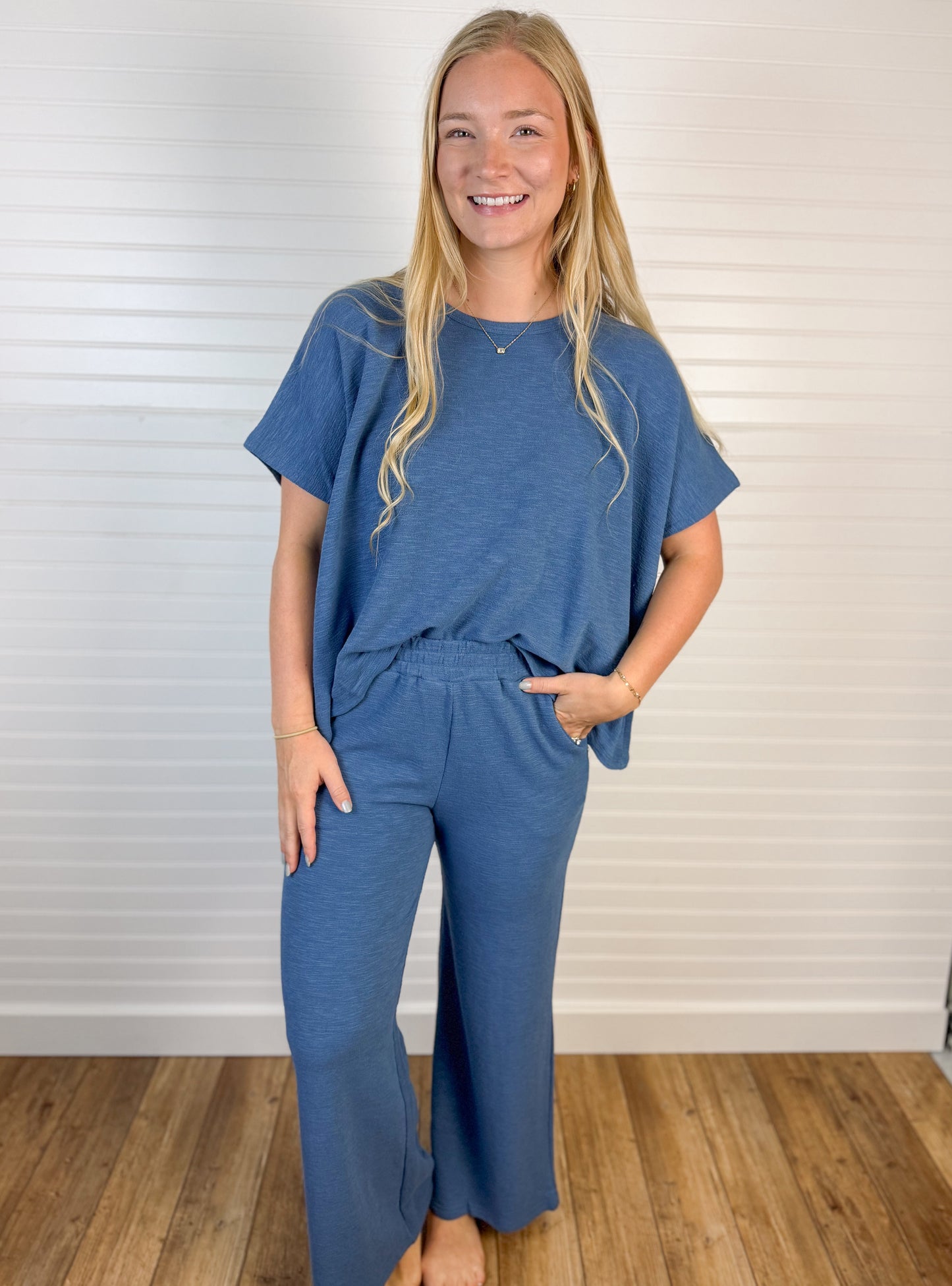 Cotton Blend Slub Top & Pant Set - Blue