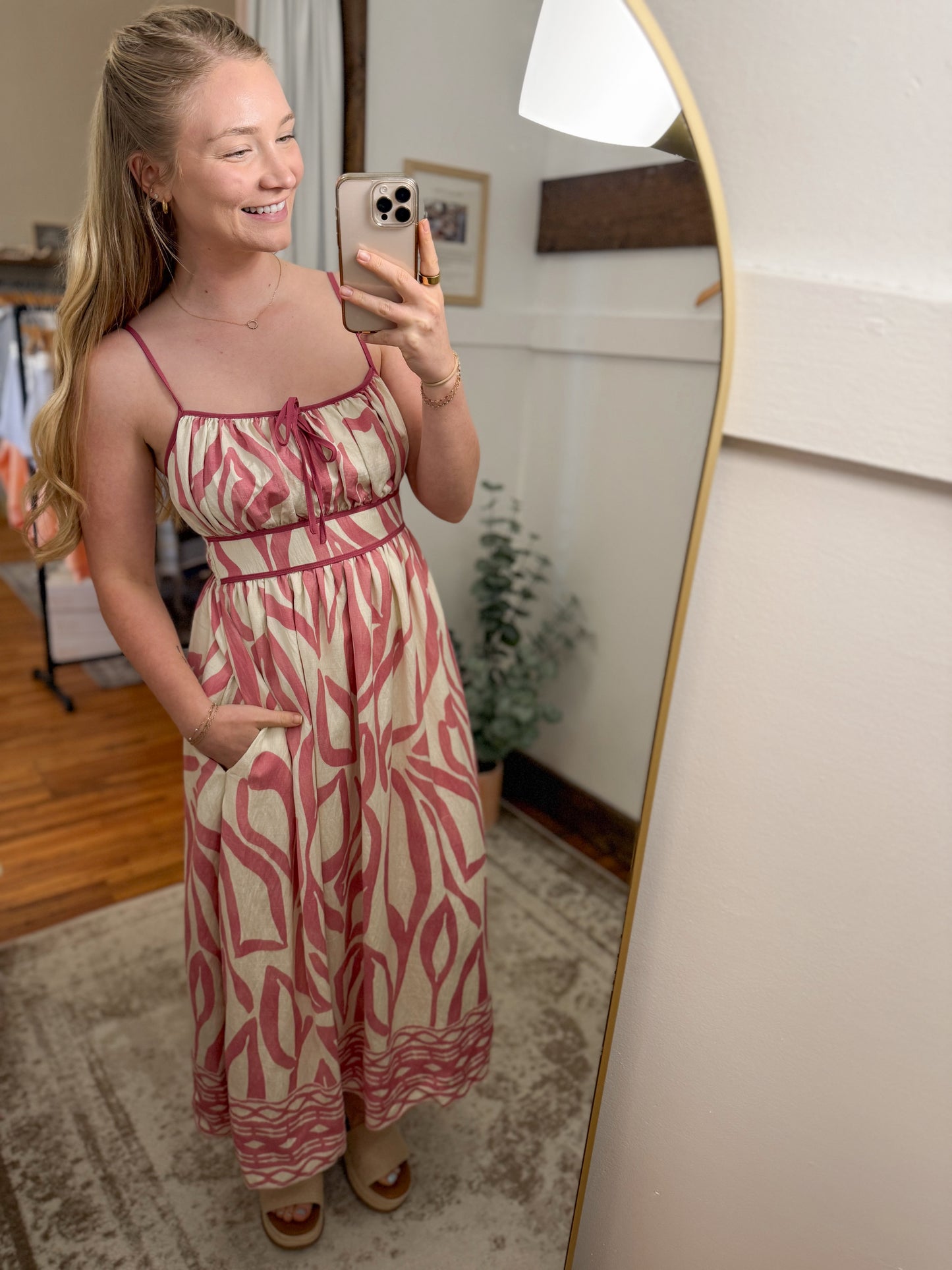 Resort Border Printed Midi Dress - Pink