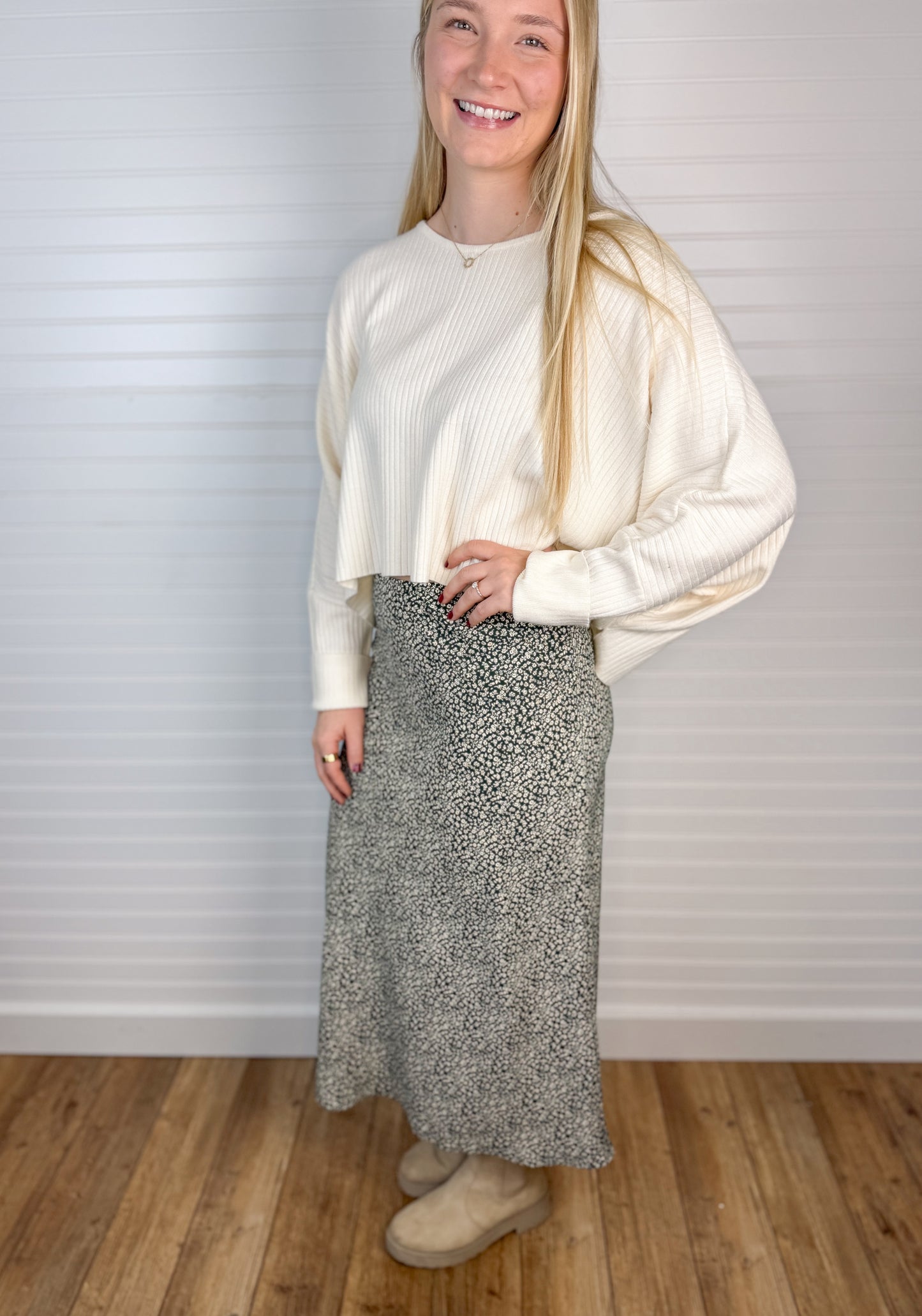 Foral Elastic Waist Midi Skirt - Hunter