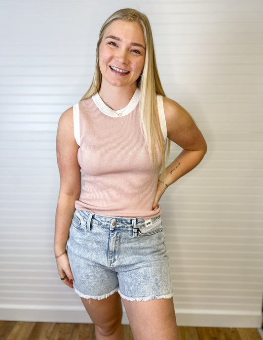 High Neck Striped Tank - Blush