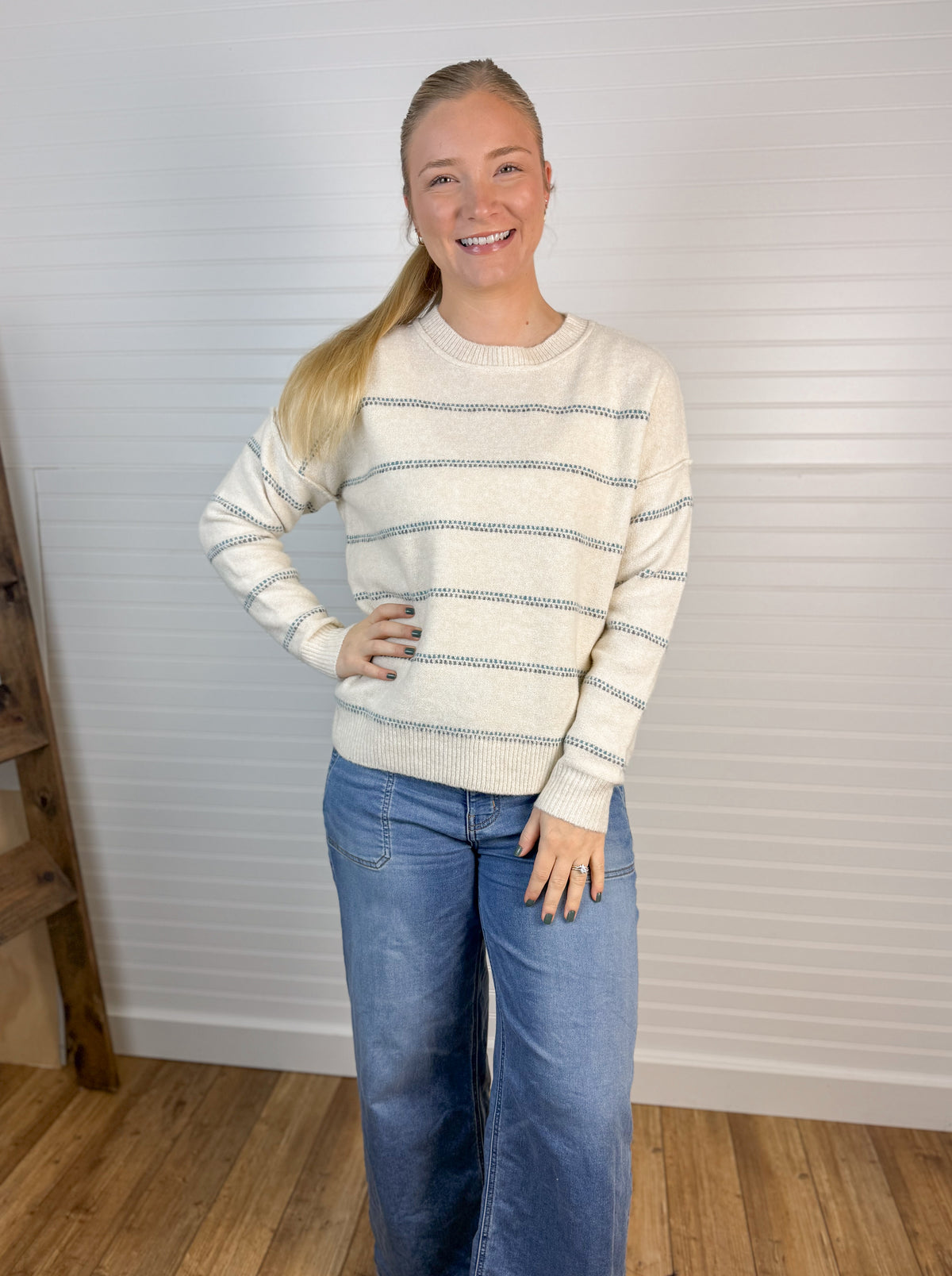 Dotted Striped Fuzzy Sweater - Oatmeal/Blue