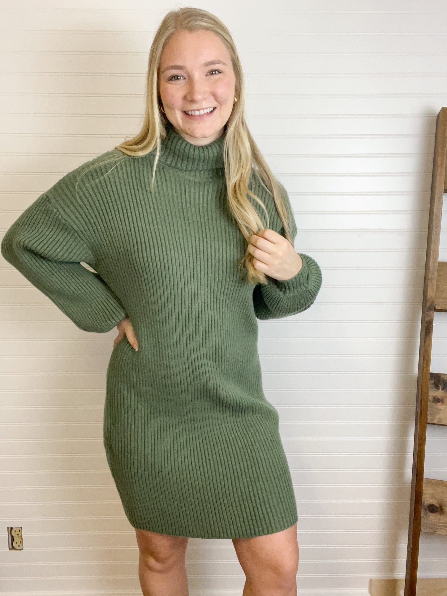 Turtle Neck Sweater Dress - Olive