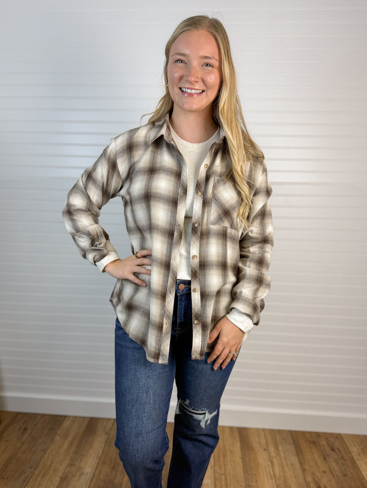 Vintage Cotton Plaid Flannel Top - Brown/Ivory