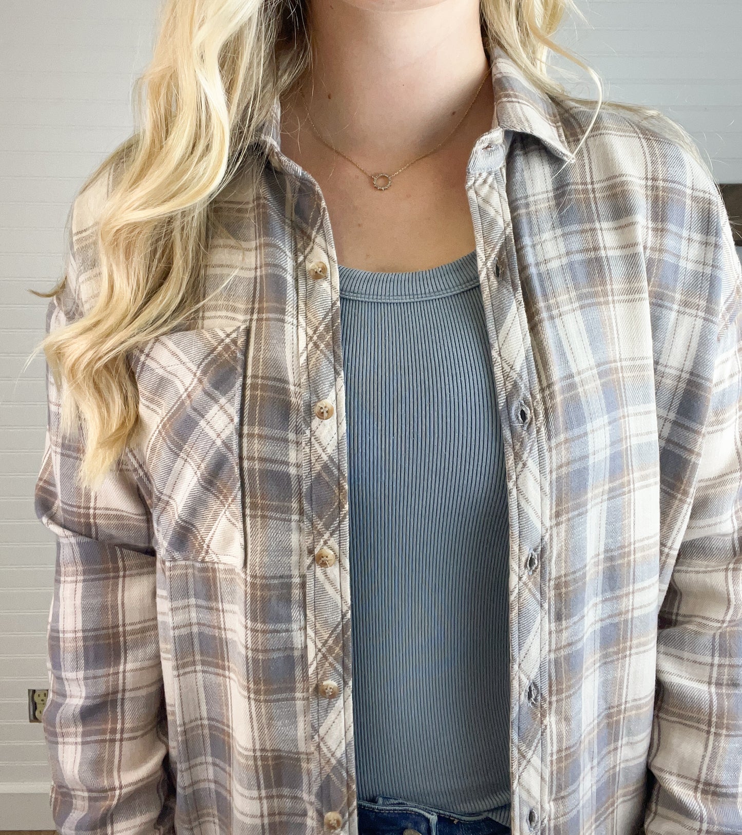 Plaid Long Sleeve Flannel - Slate Blue