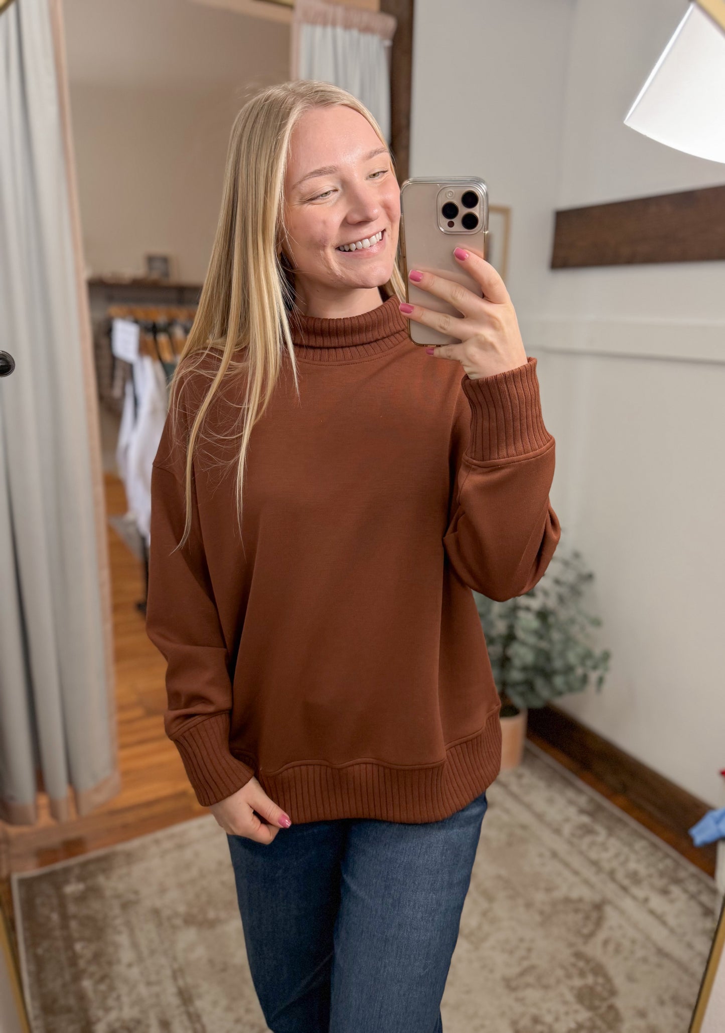 Modal Scuba Ribbed Mock Neck Pullover - Chestnut