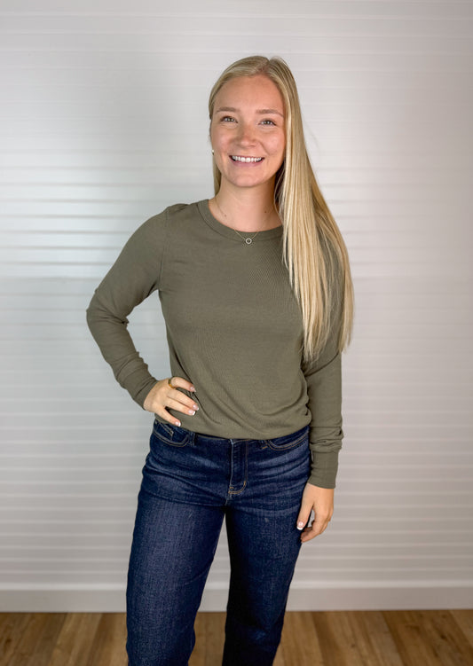 Basic Ribbed Long Sleeve Top - Olive