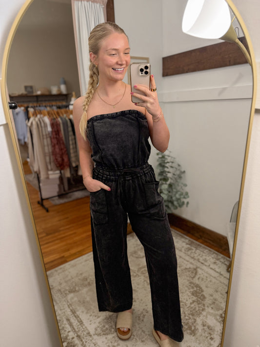 Mineral Washed Strapless Jumpsuit - Ash Black