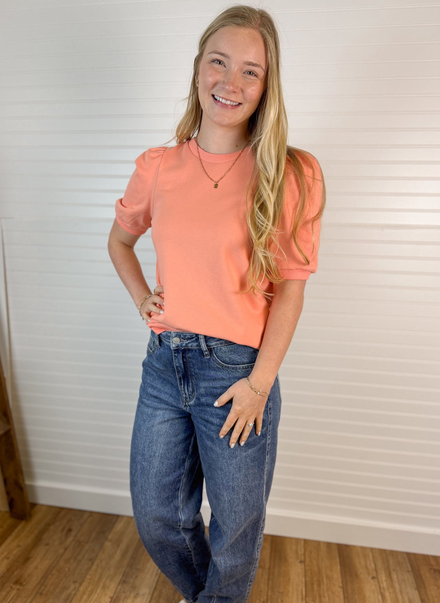 Puff Half Sleeve Crewneck Top - Peach