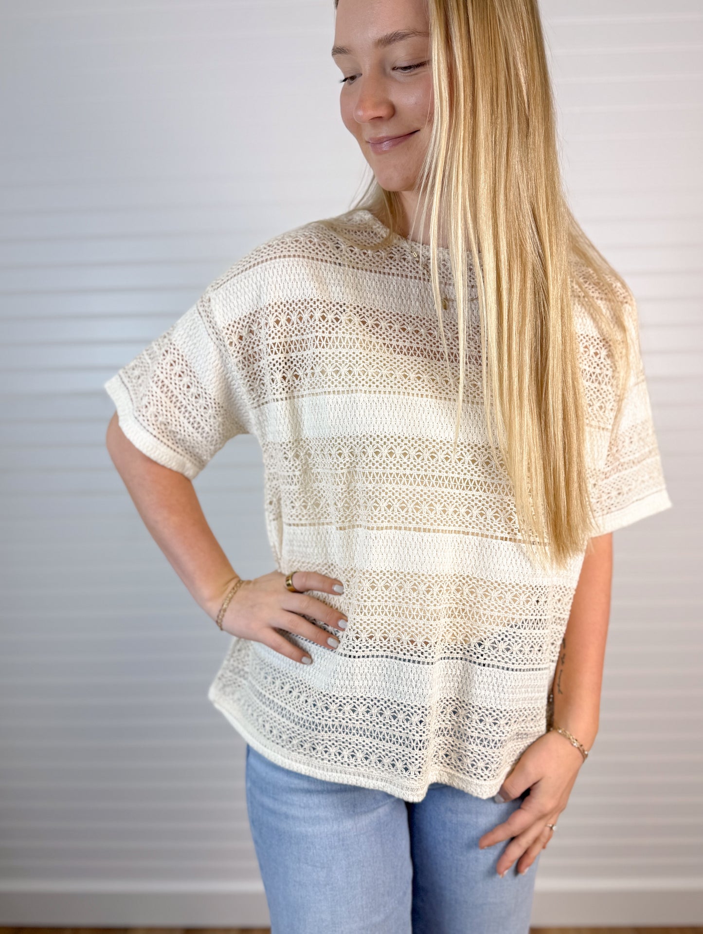 Crochet Knit Cami Inserted Top - Cream