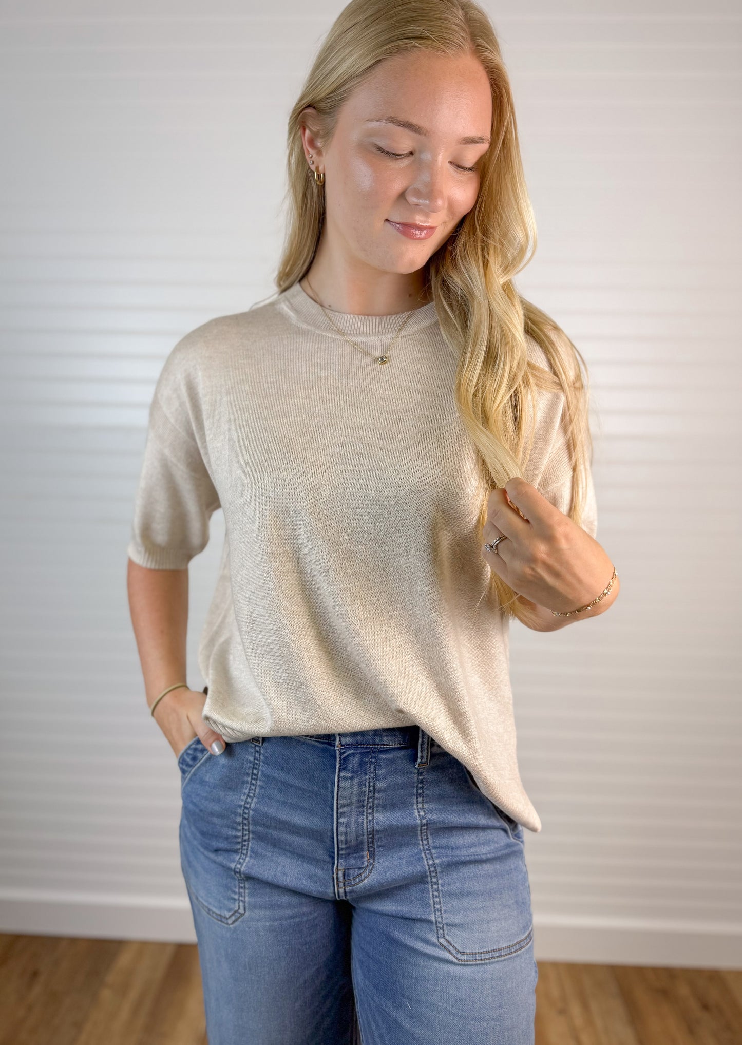 Drop Shoulder Short Sleeve Sweater - Oatmeal