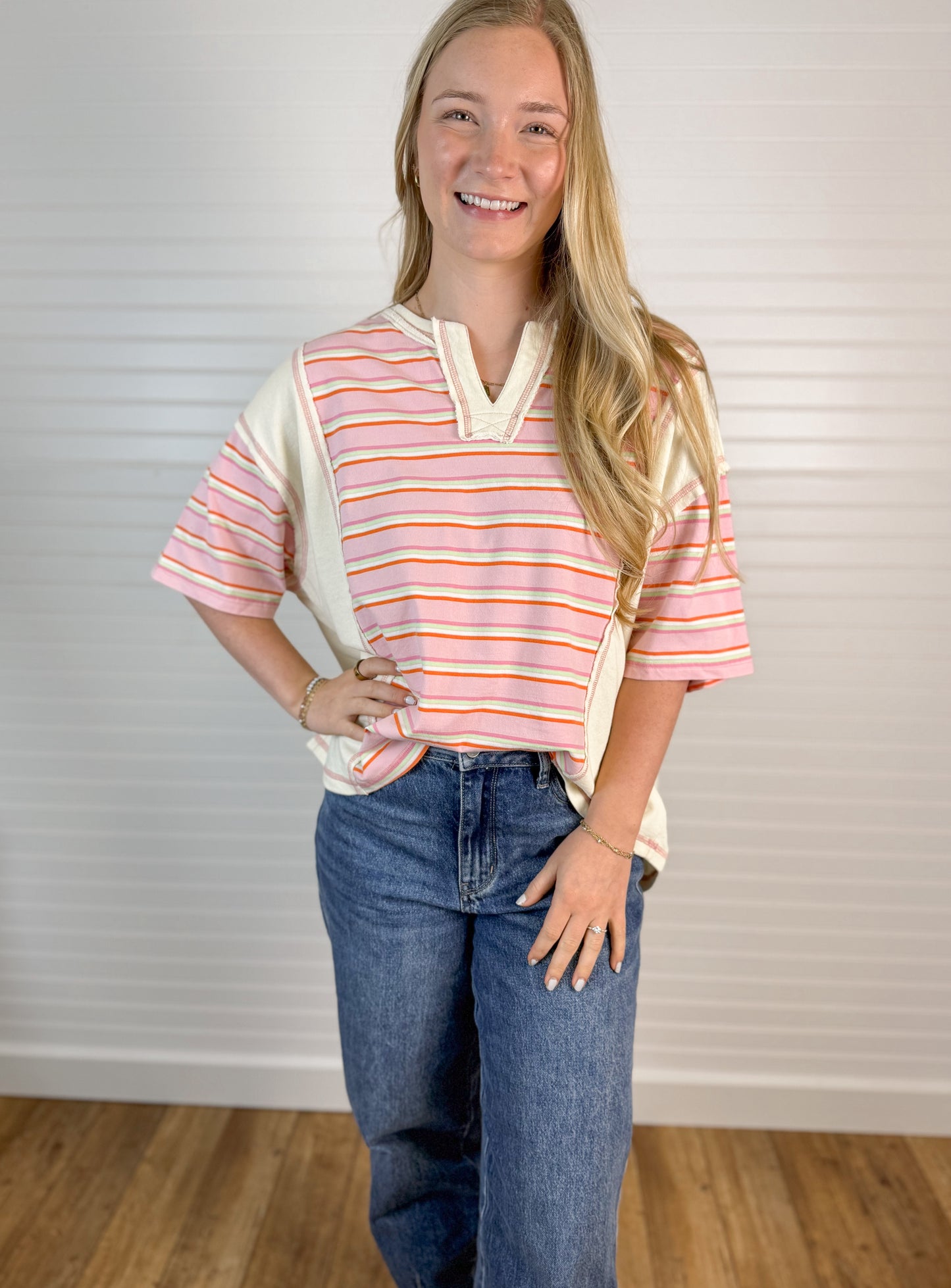 Striped Contrast Loose Fit Tee - Pink/Yellow