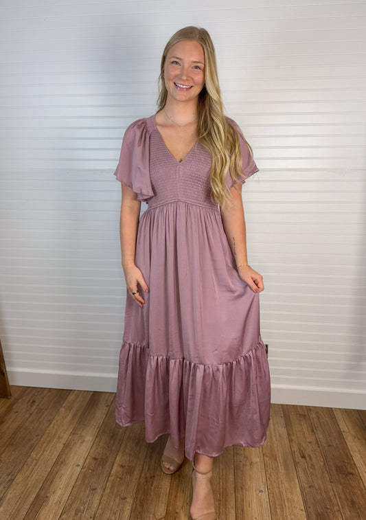 Smocked Waist Satin Midi Dress - Mauve