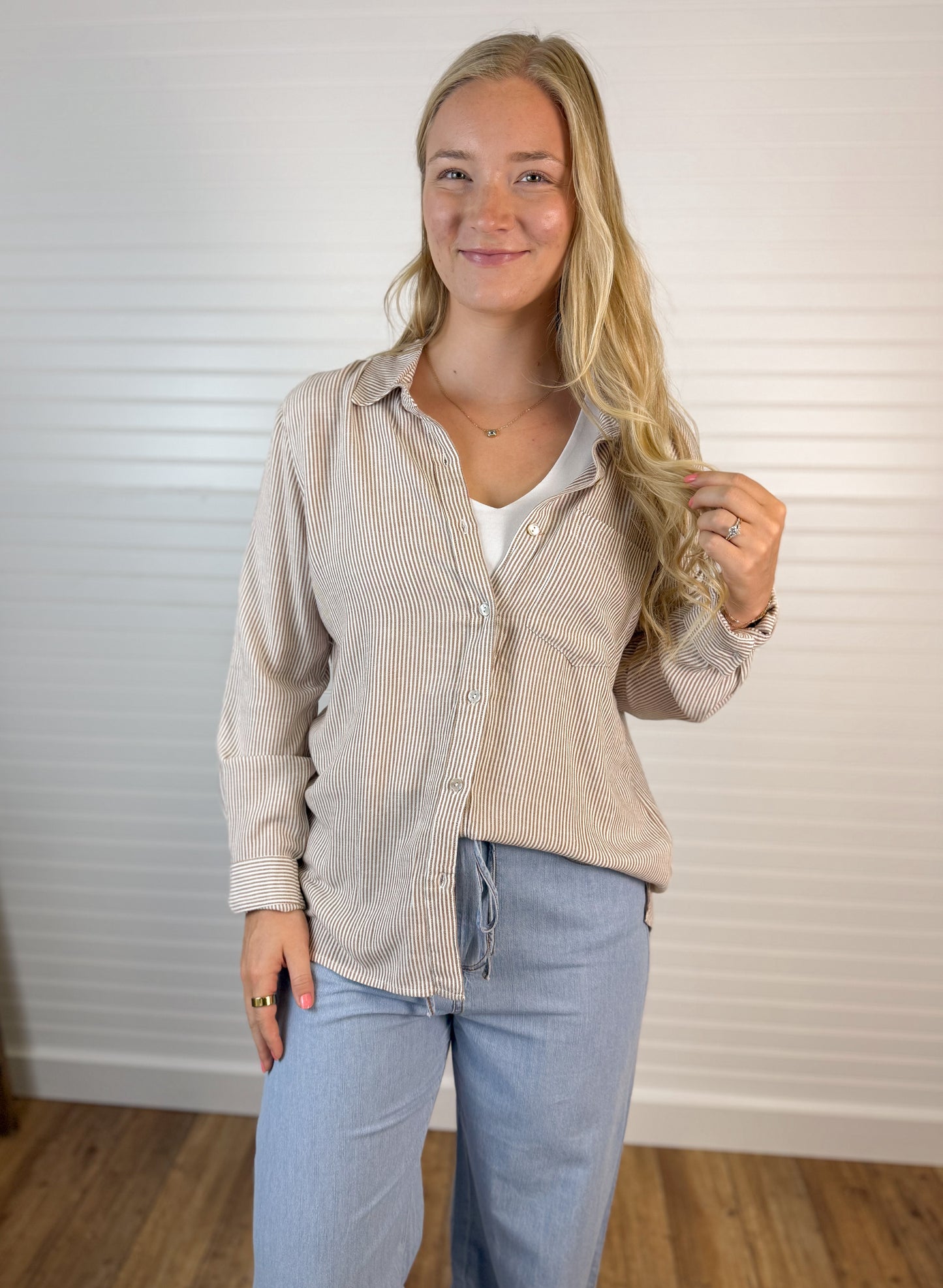 Linen Blend Stripe Relaxed Top - Mocha