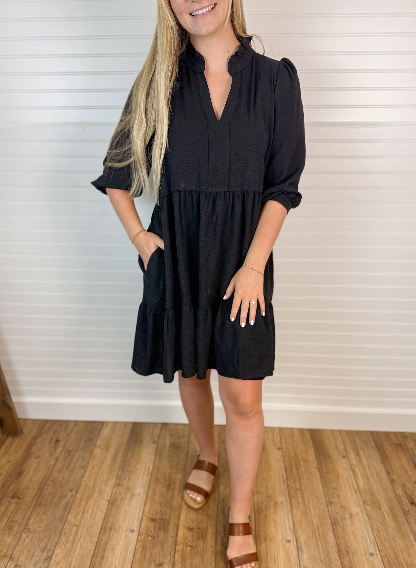 Frilled Split Neck Dress - Black
