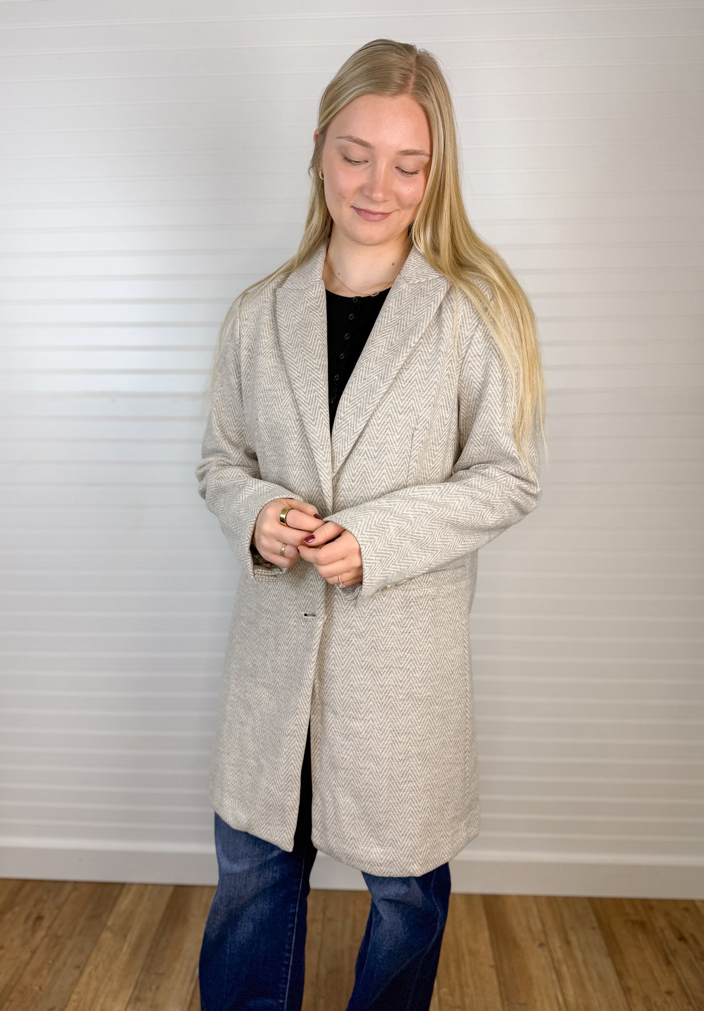 Lightweight Chevron Double Button Coat - Earth Grey