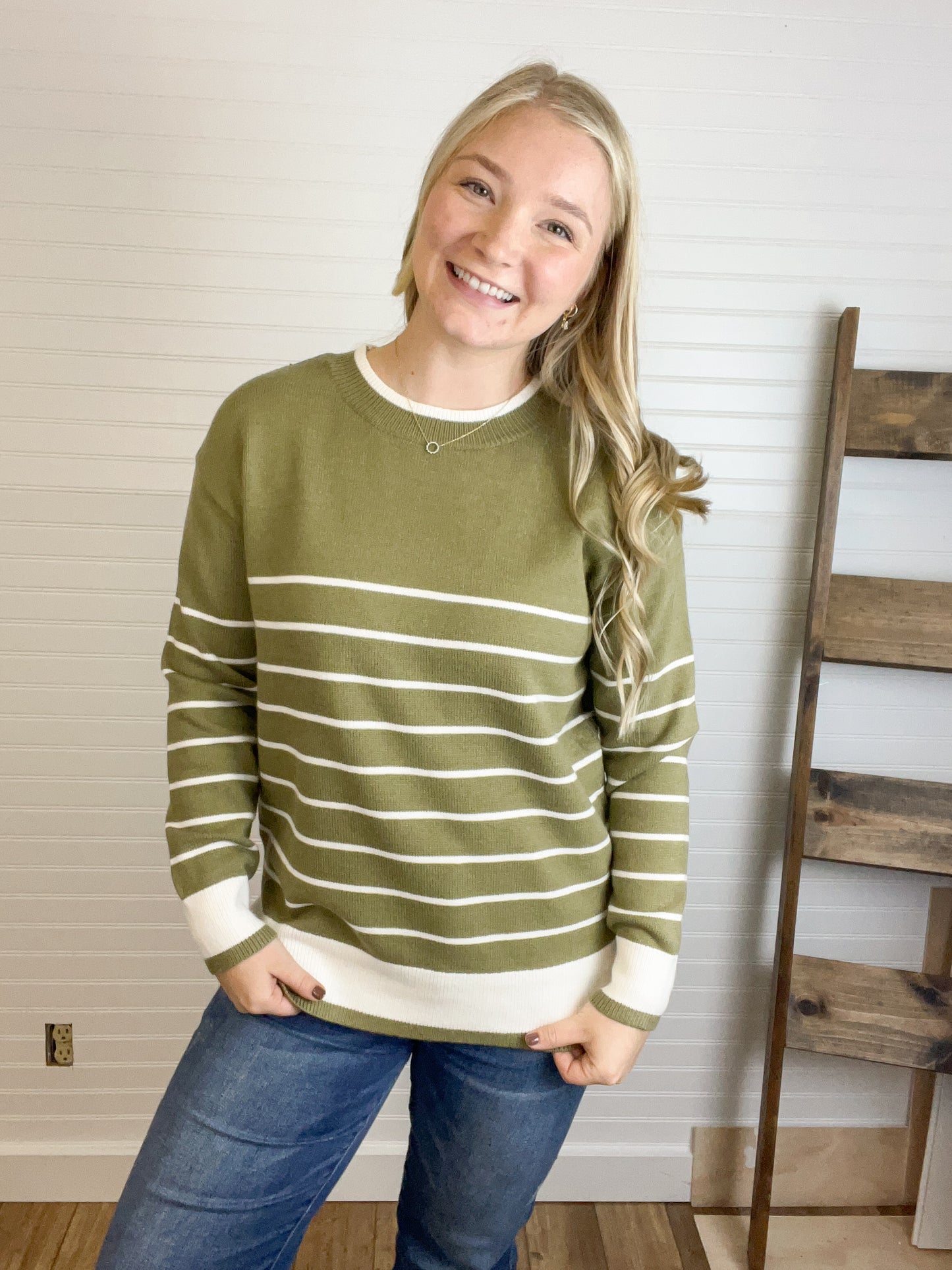 Striped Ribbed Neck Sweater - Olive/Beige