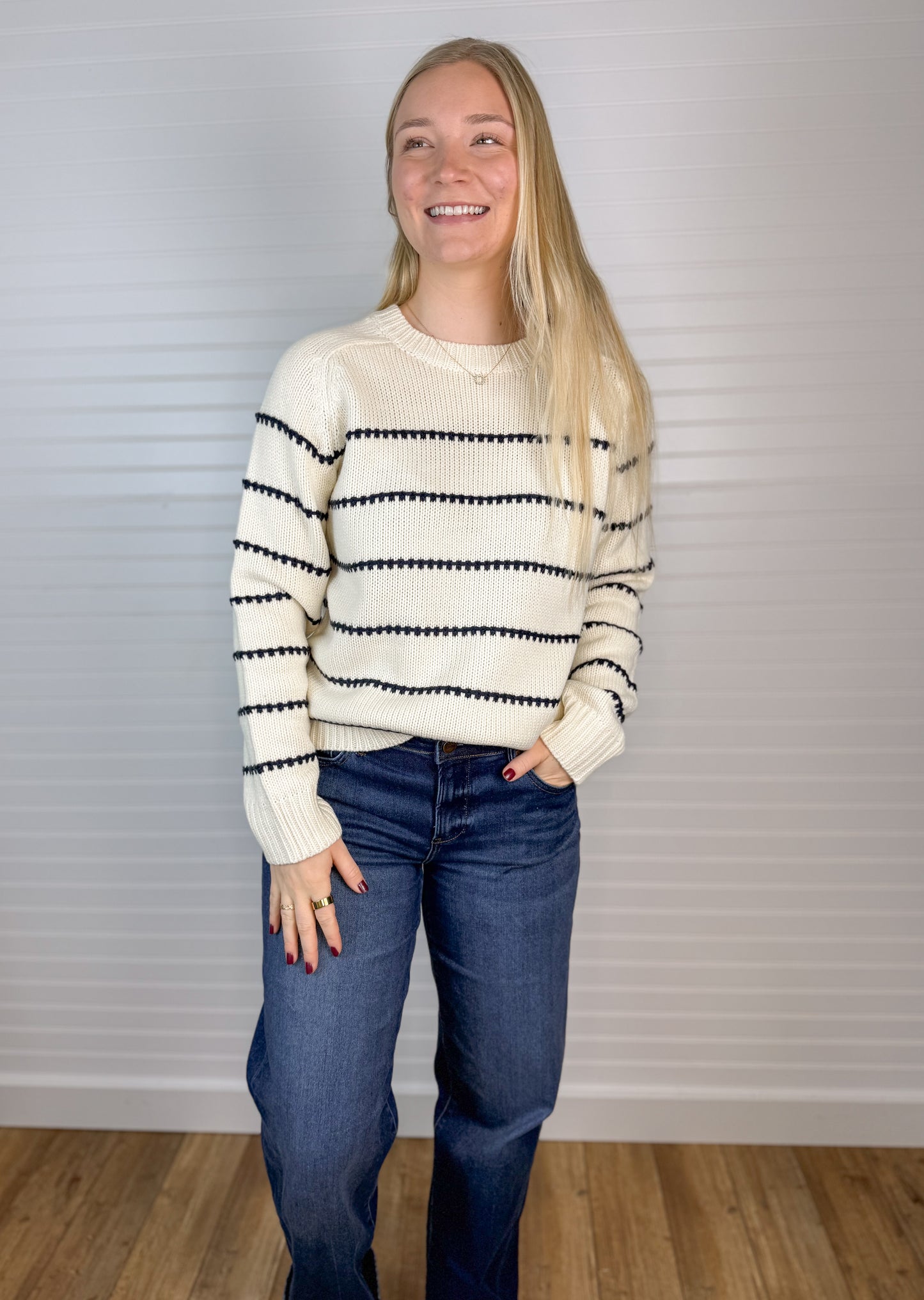 Stitch Striped Crewneck Sweater - Navy/Ivory