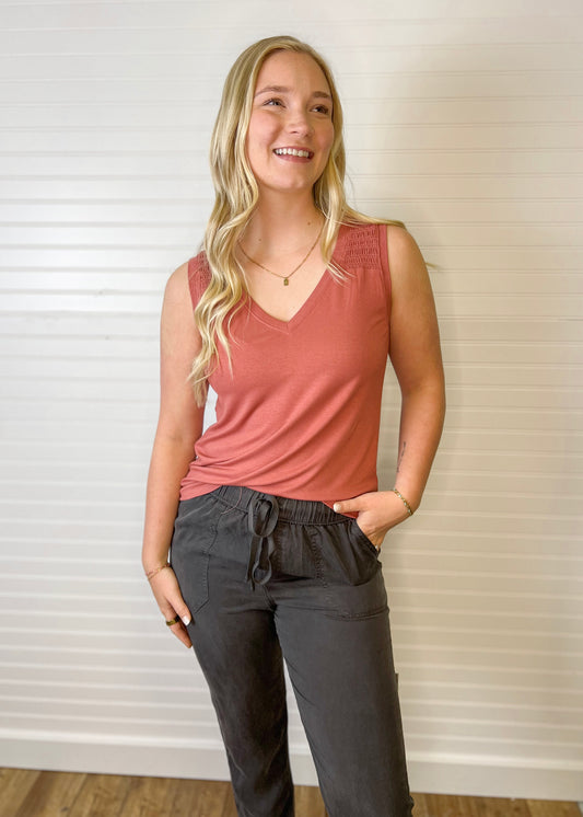 Smocked Shoulder V-Neck Tank - Terracotta