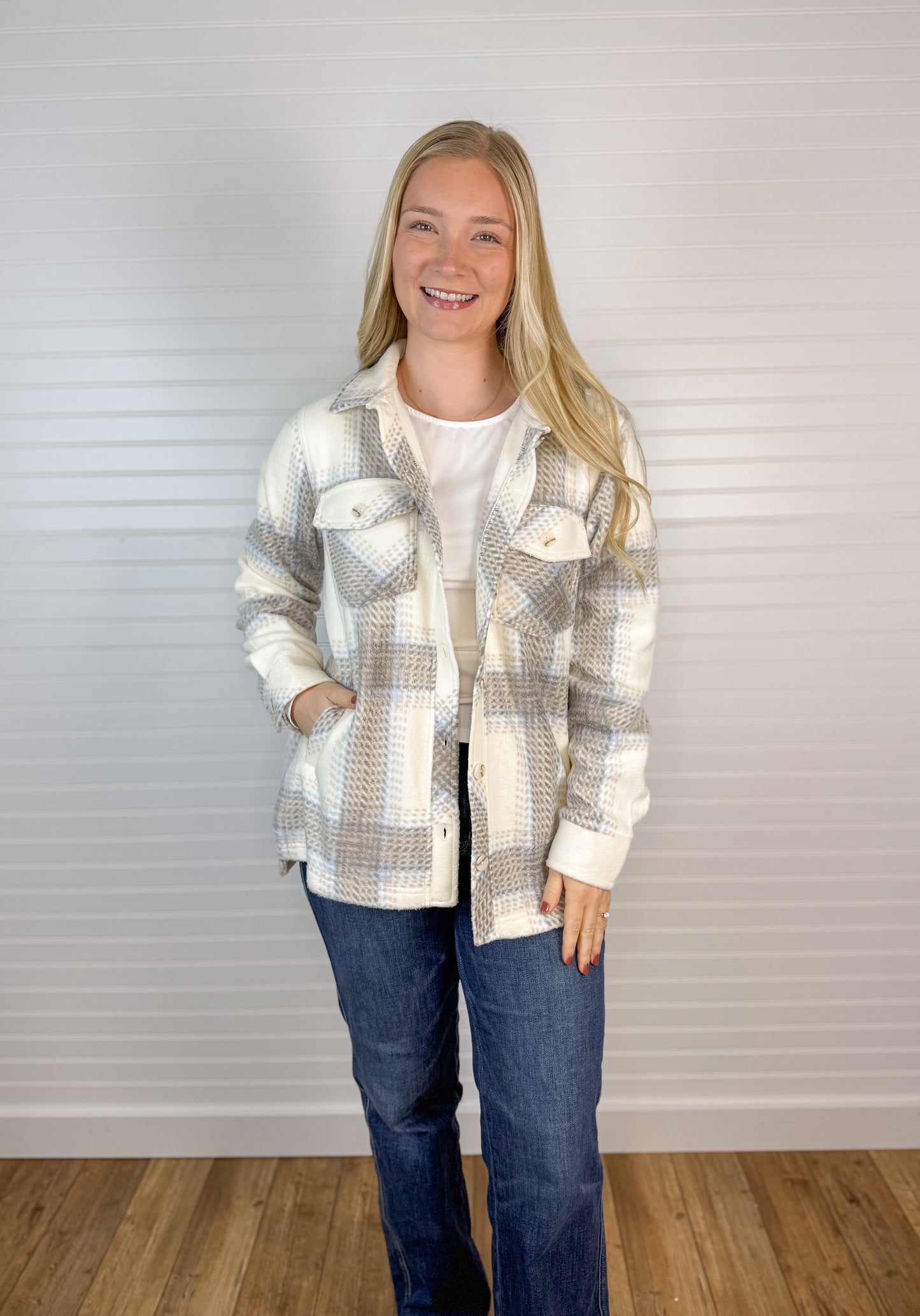 Cozy Fleece Plaid Shacket - Ivory/Taupe