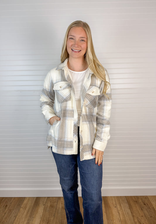 Cozy Fleece Plaid Shacket - Ivory/Taupe