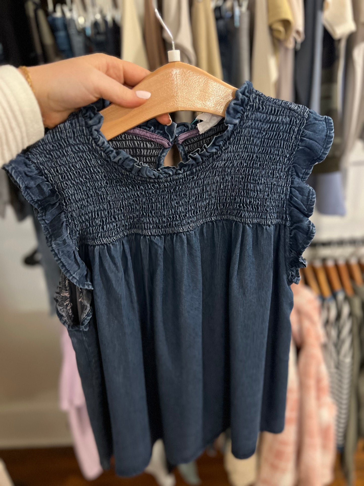 Smocked Ruffle Tencel Tank - Dark Denim