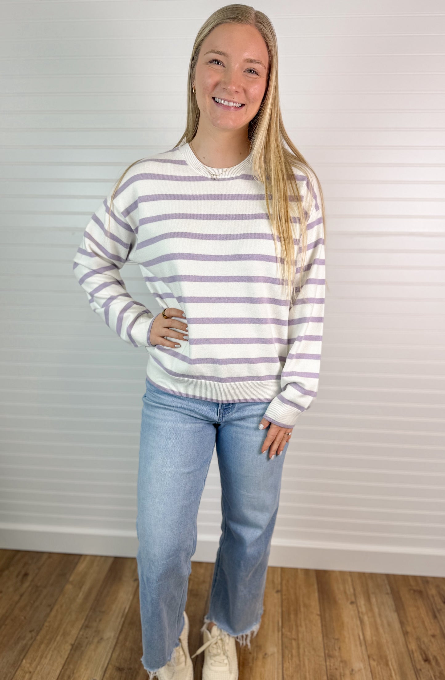 Drop Shoulder Striped Sweater - Ivory/Lavender