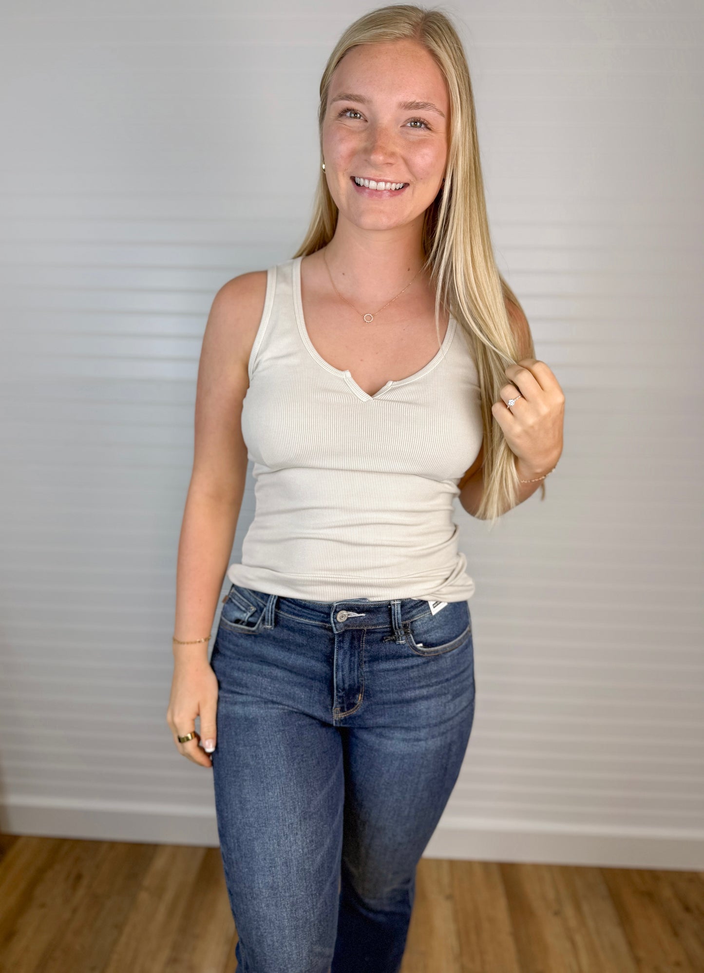 Notched Neck Ribbed Tank - Natural