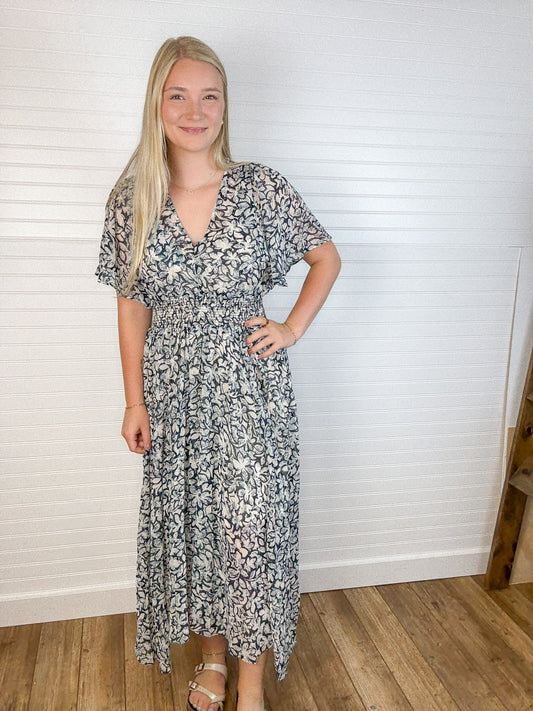 Floral Chiffon Smocked Midi Dress - Teal/Taupe