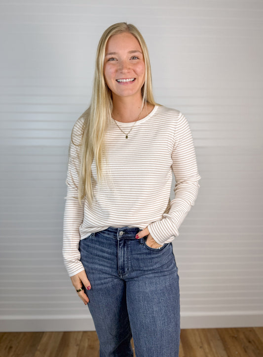 Pinstriped Sweater Long Sleeve - Taupe/Ivory