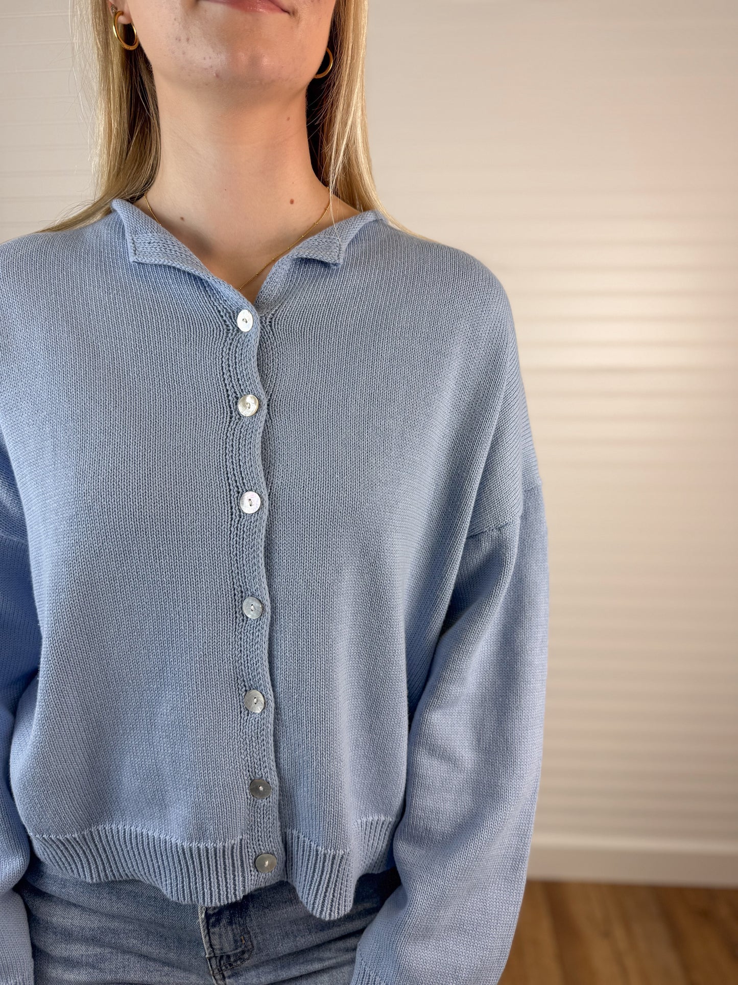 Rolled Hemline Sweater Cardigan - Blue