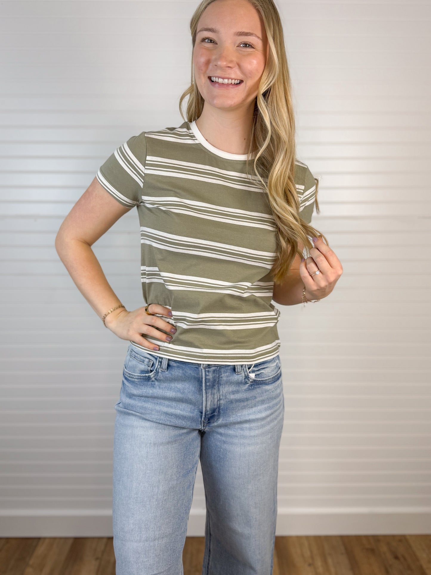 Crewneck Striped Cotton Tee - Green Tea