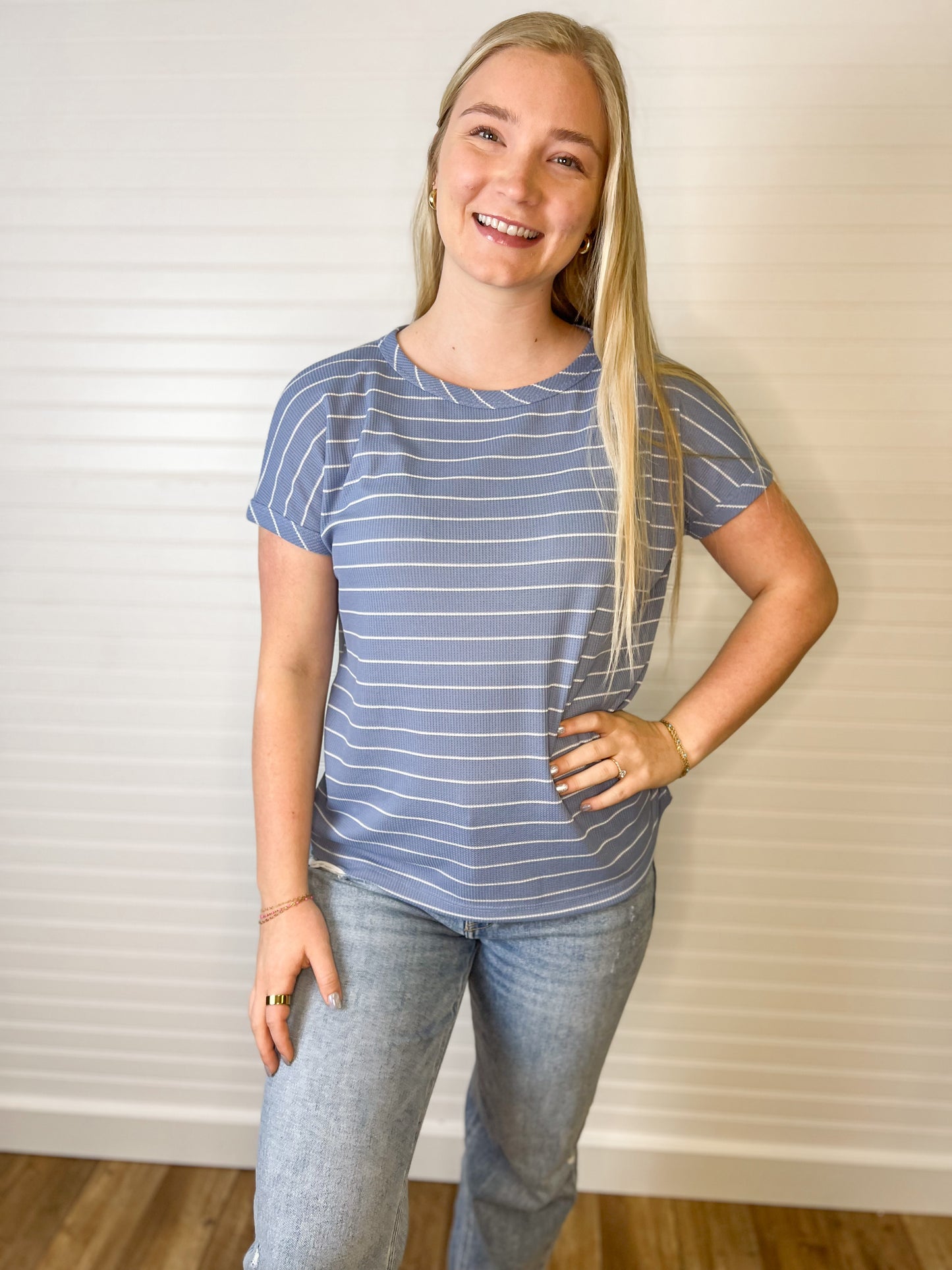 Boat Neck Striped Thermal Tee - Blue