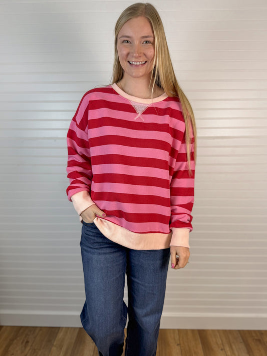 Oversized French Terry Striped Crewneck - Red/Pink