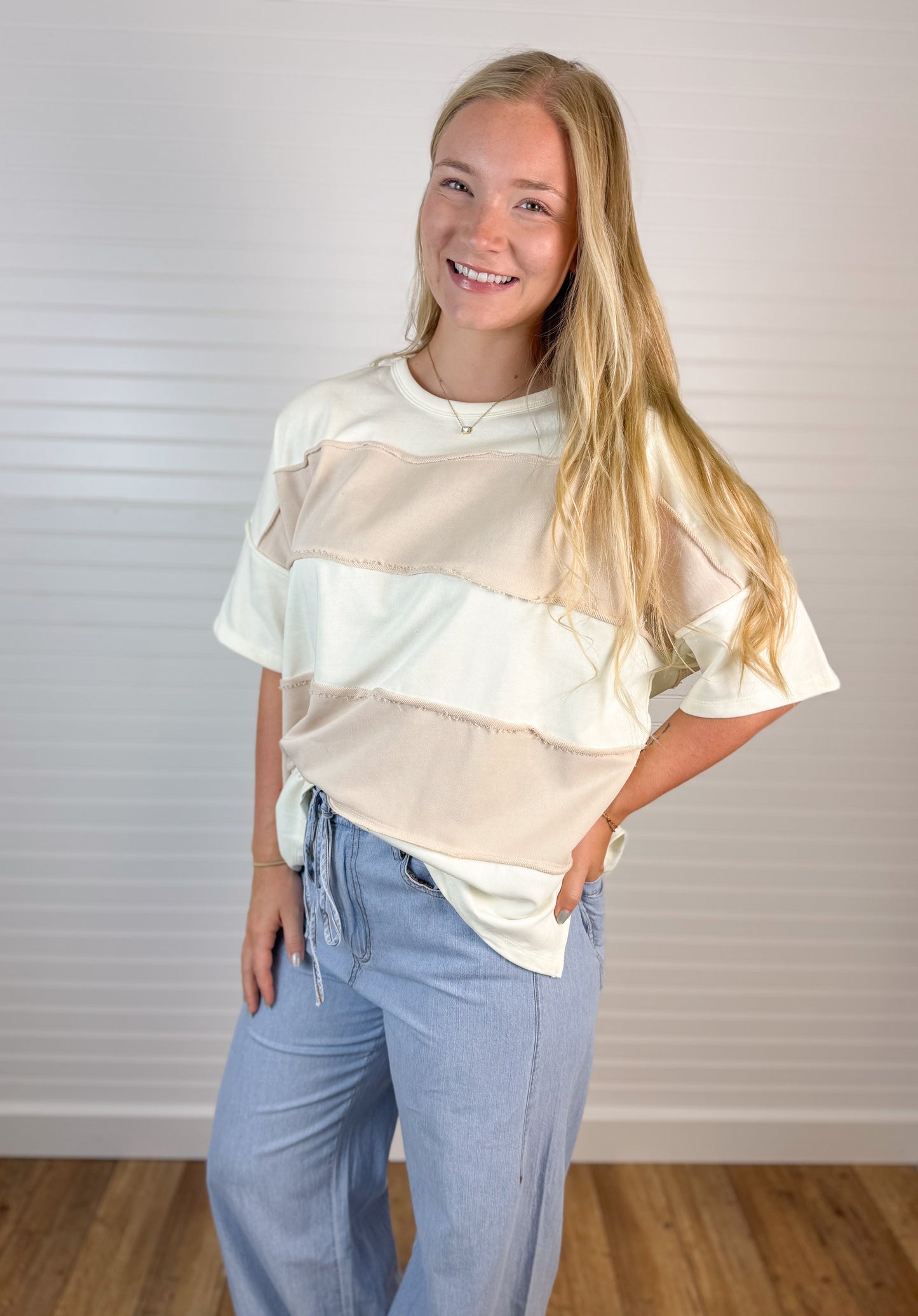 Raw Edge Color Block Tee - Ivory/Cream