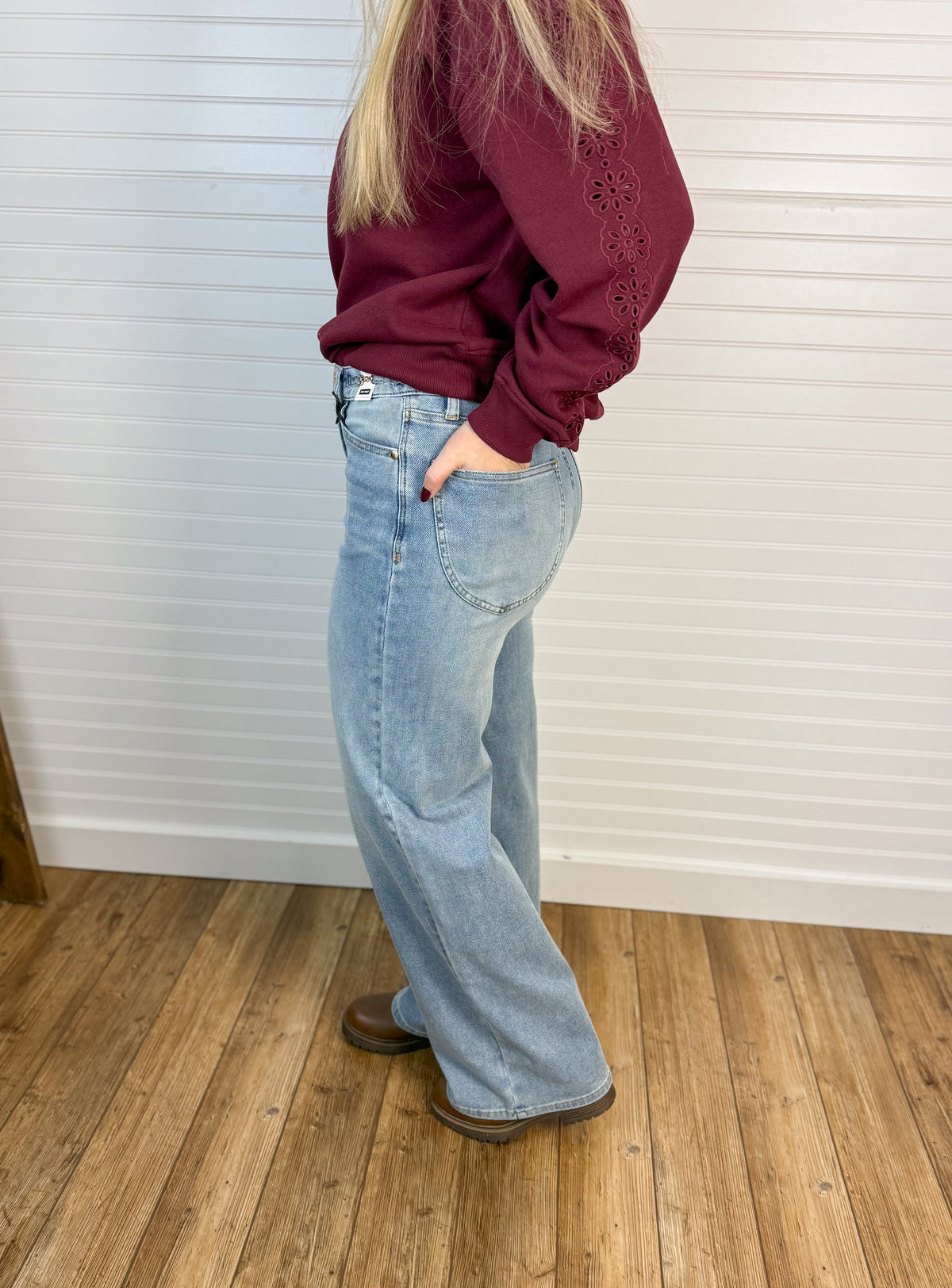 High Waist Harness Trim Straight Denim - Light Wash