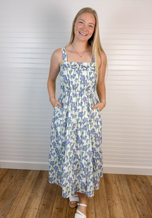 Floral Print Pleat Sleeveless Dress - Blue